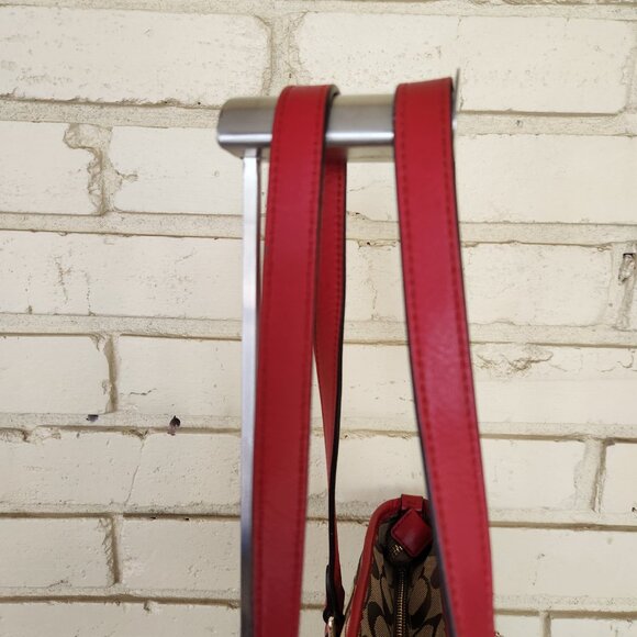 Coach Signature Khaki & Red Leather Medium Handbag Satchel Purse - Picture 5 of 14